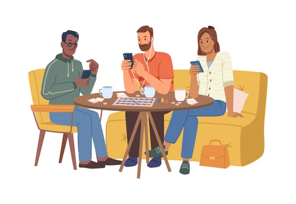 Des Gens Sont Réunis Dans Café Pour Regarder Les Téléphones — Image vectorielle