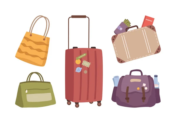 Reisegepäck Und Reisegepäck Isolierte Taschen Mit Pässen Und Flugtickets Geld — Stockvektor
