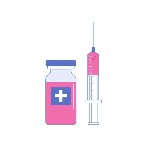 肝ワクチン接種 注射用ボトルと注射器の分離物質 健康と病気から体生物を保護します 平たい漫画風のベクトル — ストックベクタ