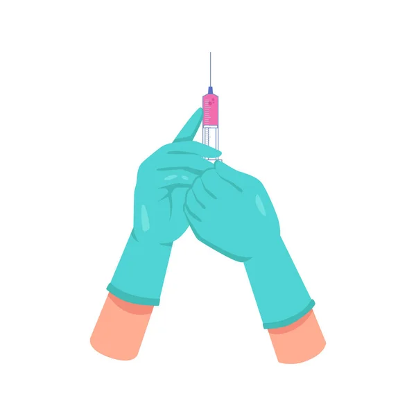 ワクチンで満たされた注射器を持っている医師の手 診療所での予防接種と注射 滅菌ショット 予防措置 平たい漫画風のベクトル — ストックベクタ