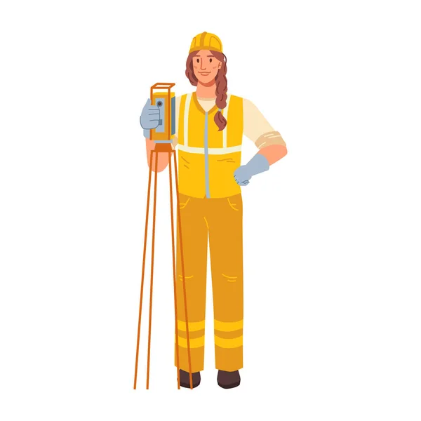 Woman Working Surveyor Holding Tripod Tools Instruments Surveying Land Female — Stock Vector