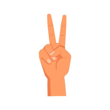 İki numarayı gösteren kaldırılmış parmaklar, izole edilmiş el hareketi. Görsel sayım sayılıyor veya hesaplanıyor. El hareketi, sözsüz iletişim. Düz biçimli vektör