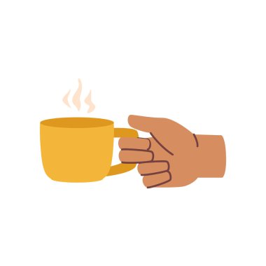 Elle tutulan çay ya da fincanda kahve, buharlı sıcak içecek. Kafeterya ya da kafe, restoranda sabah kahvaltısı ya da molası. Düz çizgi film, düz stil vektör