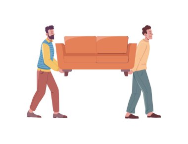 Mobilya taşımak ya da evde düzenleme yapmak. Kanepe taşıyan izole insanlar. Kanepe taşıyan erkek karakterler. Çizgi film tarzında vektör