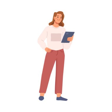 Projeyi yönetici ya da iş kadını kontrol ediyor. Tecrit edilmiş kadın karakter not defterindeki bilgileri kontrol ediyor. Patron ya da yönetmen. Çizgi film tarzında vektör