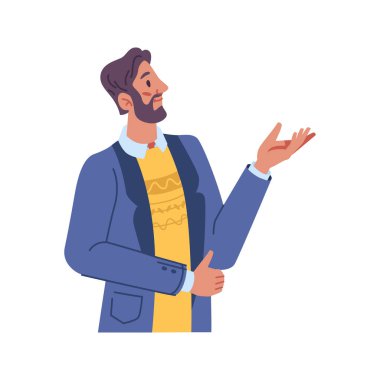 Resmi takım elbise giymiş el kol hareketi yapan işadamı sunumu yapıyor ve el ele gösteriyor. Erkek karakter sunumda, çalışıyor. Çizgi film tarzında vektör