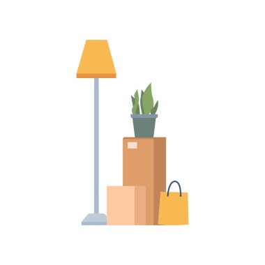 Packed cardboard boxes with personal stuff, plants, home decoration and furniture isolated flat cartoon of pack with things. Vector relocation or moving in home or office, belongings in packages