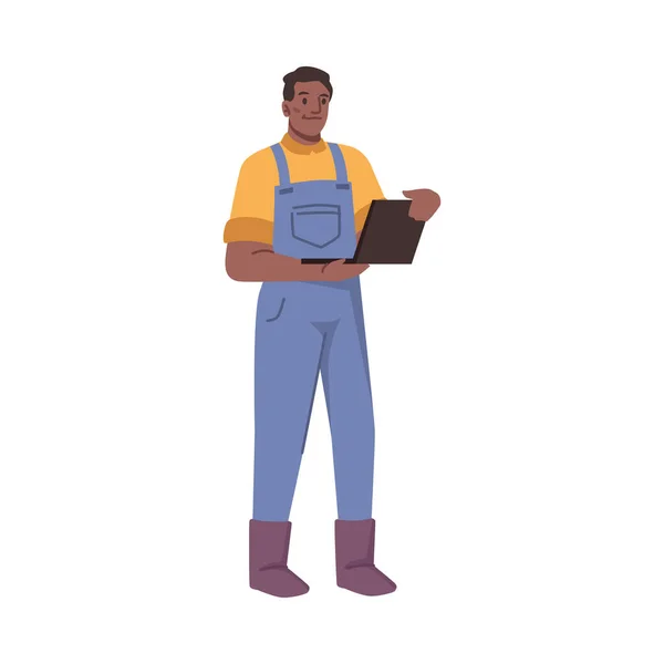 农业企业 孤立的男工制服 有手提电脑监控或销售管理 农艺学专家 平面风格的矢量 平面卡通人物 — 图库矢量图片