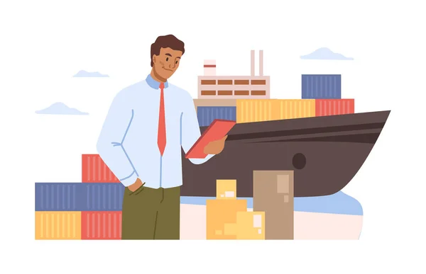 海上または海上での貨物の国際輸送および現地輸送 物流プロセスを管理するマネージャー 平たい漫画風のベクトル — ストックベクタ