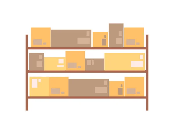 倉庫内の小包と棚 隔離された物流や製品 商品やアイテムの出荷 輸送と保管 平たい漫画風のベクトル — ストックベクタ