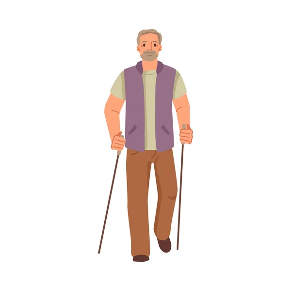 Активный Пожилой Человек Палками Скандинавской Ходьбы Делающий Упражнения Укрепляющий Здоровье — стоковый вектор