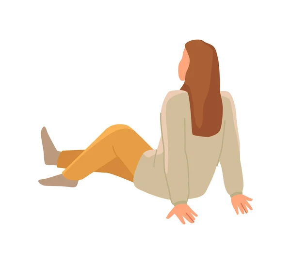女性の文字の床に座って 距離を探している 星空を眺め 星や惑星を発見する女性 バックビュー フラット漫画スタイルのベクトル — ストックベクタ