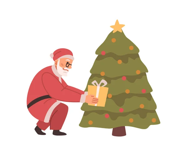 Санта Клаус Оставляет Подарки Украшенной Елкой Изолировать Святого Николая Подарком — стоковый вектор