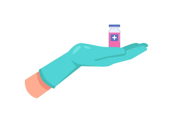 滅菌手袋を着用医師の手の中に鮮やかなワクチン 免疫力を高め 病気を予防するための予防接種と注射 平たい漫画風のベクトル — ストックベクタ