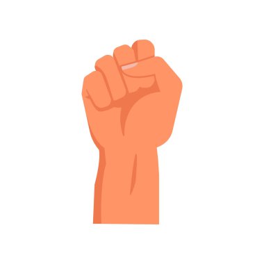 Yumruğunu sıkıp kaldırdı, karşı koymanın sembolü. Kişiliğin izole edilmiş el hareketi. Güç ya da ayaklanma belirtisi, sözsüz iletişim. Düz biçimli vektör