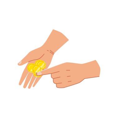 Ellerindeki altın paraları saymak, izole edilmiş silahlarda nakit para tutmak. Finansal varlıkları ödemek ya da vermek, satın alırken değişiklik yapmak. Çizgi film tarzında vektör