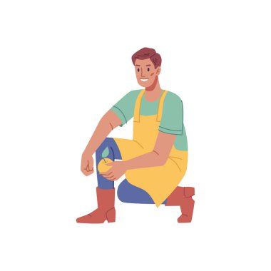 Ellerinde olgun elma olan çiftçi, bahçede meyve toplayan yalıtılmış erkek karakter. Tarım ve tarım sektörü. Çizgi film tarzında vektör