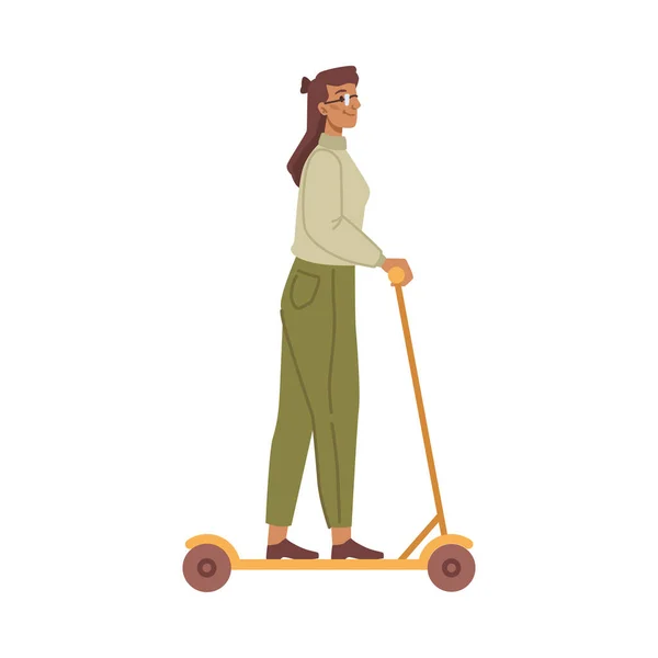 Electric Scooter Means Commuting Ecologically Friendly Transport Isolated Female Character — Stock Vector