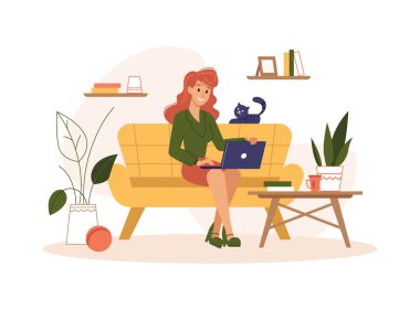 Freelancer ya da uzak bir işçi bilgisayarı iş için kullanıyor. Kedi ile kanepede oturan kadın karakter eğlence için dizüstü bilgisayar kullanıyor. Çizgi film tarzında vektör