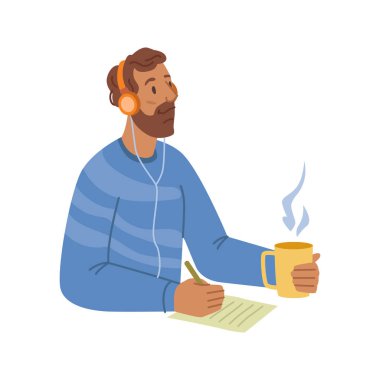 Podcast dinleyen ya da fikirleri yazan erkek karakter. Kulaklık takan, çay içen ya da internetten kahve öğrenen bir adam. Çizgi film tarzında vektör
