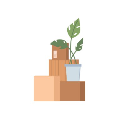 Packed cardboard boxes with personal stuff, plants, home decoration and furniture isolated flat cartoon of pack with things. Vector relocation or moving in home or office, belongings in packages