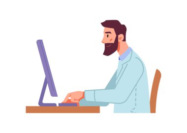 Laboratuvar uzmanı ya da önlük giyen doktor bilgisayar başında oturuyor. Tecrit edilmiş bir tıp çalışanı deney sonuçlarını yazıyor ya da test ediyor. Çizgi film tarzında vektör