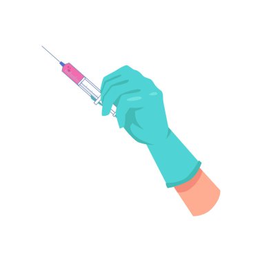Aşı ve sağlık sigortası, steril eldiven takan ve elinde şırınga tutan bir doktorun izole edilmiş eli. Bağışıklık artırıcı enjeksiyon. Çizgi film tarzında vektör