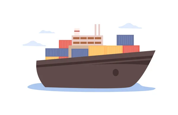 国際物流サービス 貨物や貨物でロードされた隔離された船 小包やコンテナの輸送と配達 平たい漫画風のベクトル — ストックベクタ