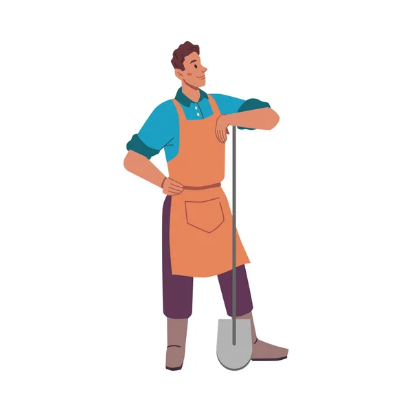 Caractère Masculin Avec Pelle Travaillant Sur Terrain Agriculteur Isolé Vêtements — Image vectorielle