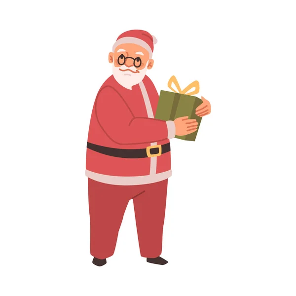 Санта Клаус Держит Подарок Ленточным Бантом Изолированный Рождественский Персонаж Готовит — стоковый вектор