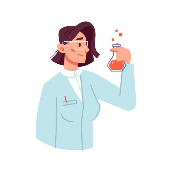 実験室でワクチンの実験と作成の女性科学者 ビーカーテストで液体と教授と結果を研究します 平たい漫画風のベクトル — ストックベクタ