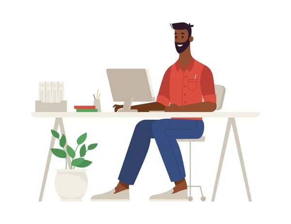 自宅のオフィスで遠くの労働者がオンラインでプロジェクトに取り組んでいる パソコンを持った男が仕事を完了する 平漫画風のベクトル — ストックベクタ