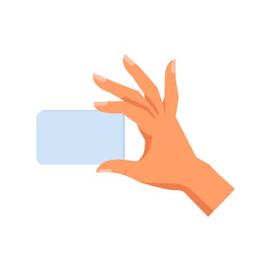 Alışveriş için kağıt ya da plastik kart tutan kadın elinde düz çizgi film çizimi. Kredi kartı, banka kartı, bankacılık ve finans kavramına sahip müşteri