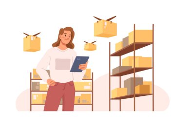 Uluslararası ve yerel lojistik ve dağıtım hizmetleri. Müdür emirlerin yerine getirilmesini istiyor. İHA 'larla taşınan paketler. Çizgi film tarzında vektör