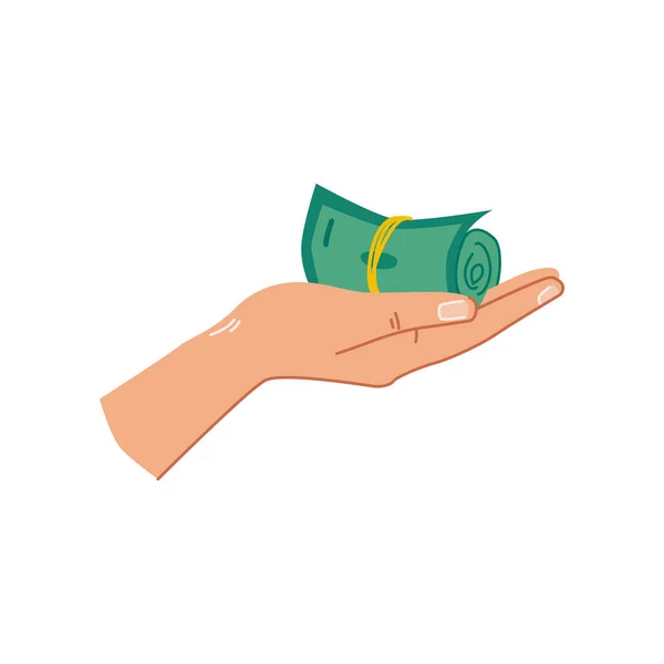 Hand Holding Dollar Banknotes Pile Forming Roll Isolated Arm Money — Stock Vector