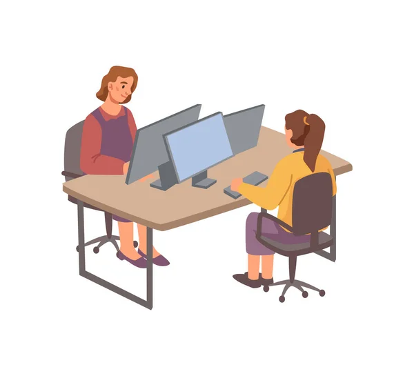 在办公室里工作的员工共用桌子 有笔记本电脑和计算机的女性角色的共同工作空间 合作伙伴或程序员 平面卡通风格的矢量 — 图库矢量图片