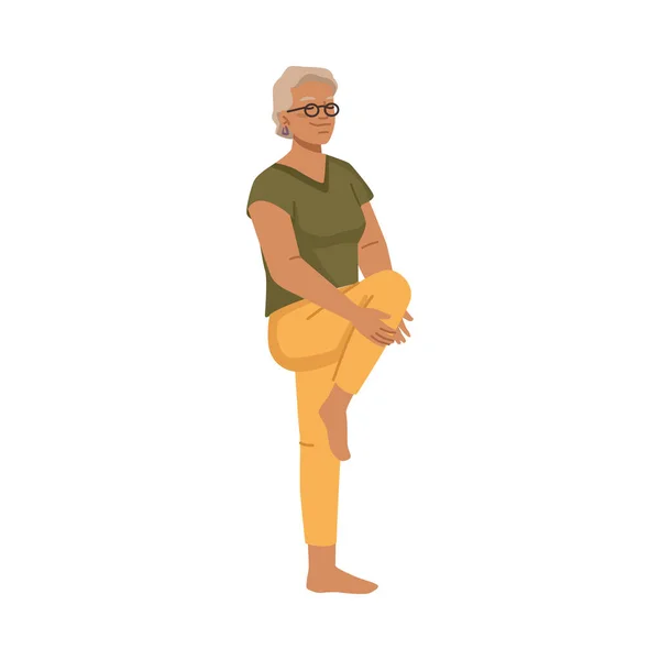 祖母は運動や足のストレッチをし 孤立したシニア女性が動作します 高齢女性のキャラクターをリラックストレーニング 平たい漫画風のベクトル — ストックベクタ