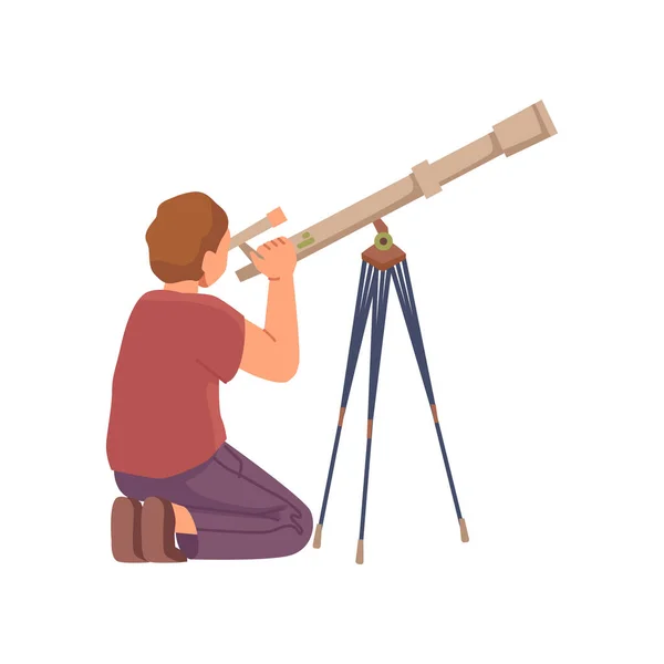 望遠鏡を通して天体や星空を見る 強力なレンズを備えたデバイスでズームを使用して絶縁された人物 平たい漫画風のベクトル — ストックベクタ