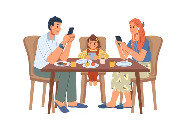 Smartphone Addiction Family Isolated Kids Parents Playing Phones Reading News — Stock Vector