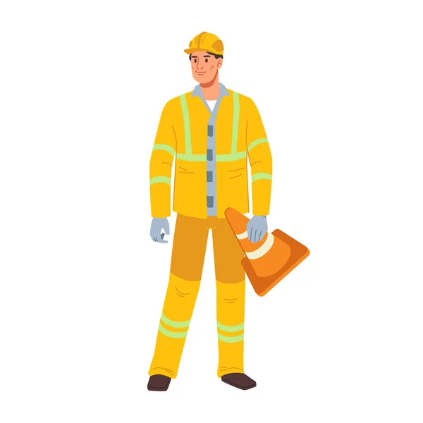 Surveyor Wearing Uniform Hardhat Holding Road Cone Isolated Man Surveying — Stock Vector