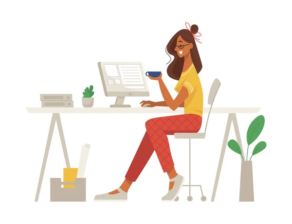 Freelancer Que Trabaja Casa Bebiendo Café Mujer Aislada Sentada Junto — Vector de stock