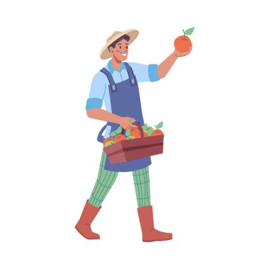 Çiftçilik ve hasat mevsimi, bir sepet olgun elmayla izole edilmiş çiftçi. Satılık doğal ve organik meyveler yetiştiriyorlar. Düz çizgi film karakteri, düz biçimli vektör