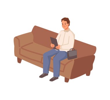 Çalışan okuma raporu ya da ofis koltuğunda oturan evraklar. Tecrit edilmiş erkek karakter, menajer ya da iş ortağı. Çizgi film tarzında vektör