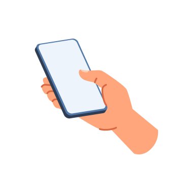 Akıllı telefonu tutan bir kişilik kolu, boş ekranı olan izole edilmiş bir el. Dokunmatik ekranlı cep telefonu. Çizgi film tarzında vektör
