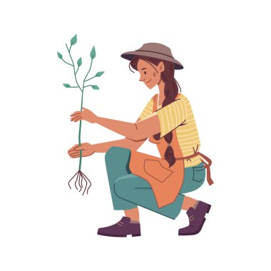 Çiftçi kadın karakter fidan, çiçek ya da ağaç dikiyor. Bahçe işleri, meyve bahçeleri, tarlada çalışan şapkalı çiftçiler. Çizgi film tarzında vektör