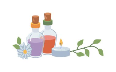 Spa salonu kozmetik ürünleri, yalıtılmış kokulu mumlar yanan parfüm yağları ve çiçek desenleri. Çizgi film tarzında vektör