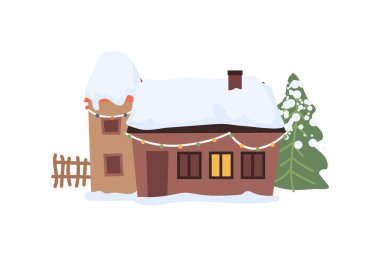 Christmas New Year winter village landscape element flat cartoon design icon. Vector cottage house and snow, fur trees and bushes, chalet decorated by garlands