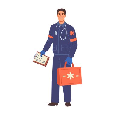 Paramedic with medicine box and document with signatures. Medical staff, worker in clinic or hospital. Personage or character, vector in flat cartoon style clipart