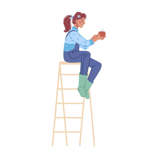 Женщина Сидящая Лестнице Собирая Спелые Яблоки Изолированная Фермерша Поле Саду — стоковый вектор