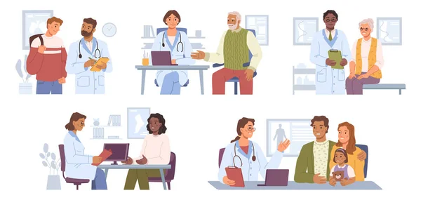 为诊所和医院的病人提供咨询的医生 家庭医生处方和治疗 平面卡通人物 平面病媒 — 图库矢量图片